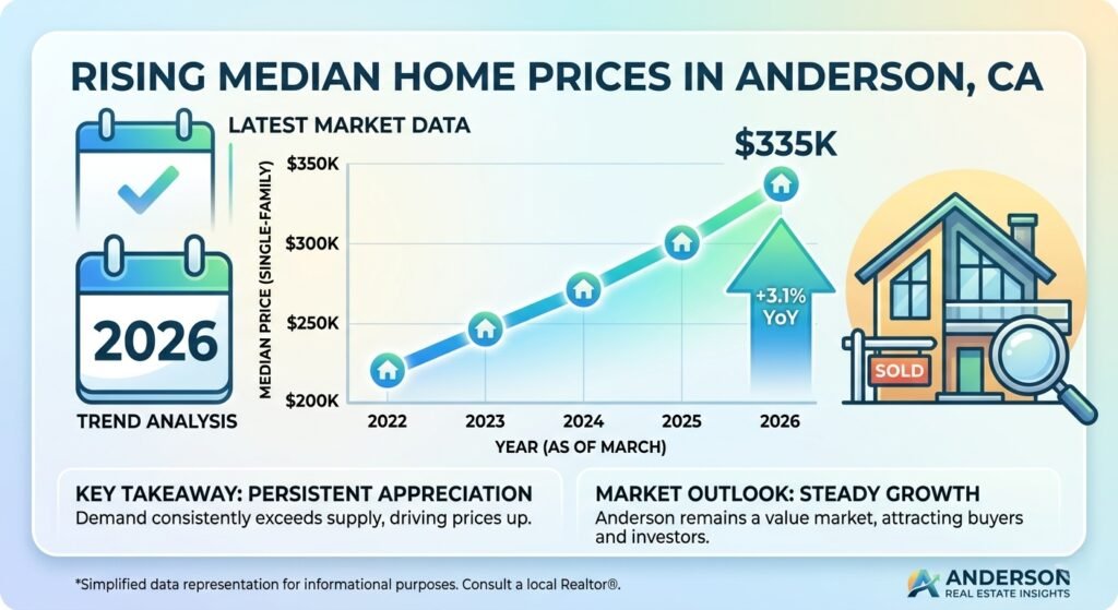 Graph showing median sale prices and average days on market for homes in Anderson CA