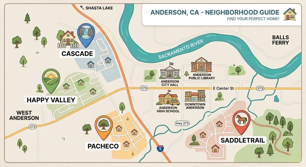 Map highlighting different neighborhoods in Anderson CA for home buyers