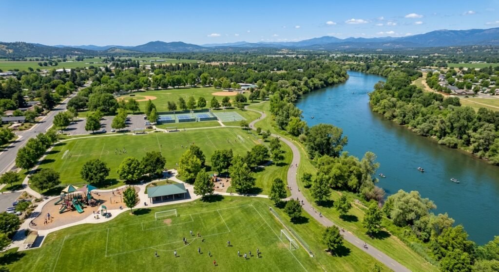 Aerial view of Anderson River Park in California showing the Sacramento River and green park space