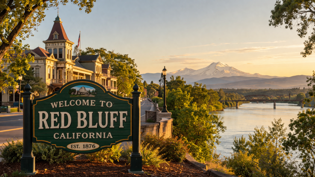 Scenic view of Red Bluff California welcome sign with the Sacramento River and Victorian architecture in the background