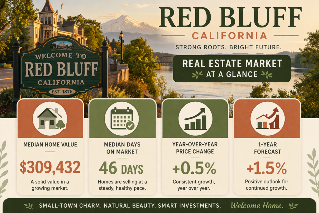 Infographic showing Red Bluff CA housing market statistics including median home price $309K, 46 days on market, and 1.5% forecast growth
